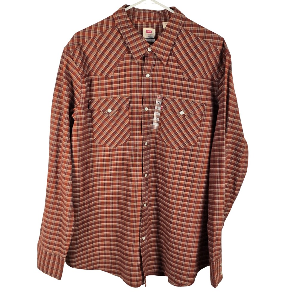 Levis Mens XL The Western Standard Fit Plaid Pearl Snap Long Sleeve Shirt Red